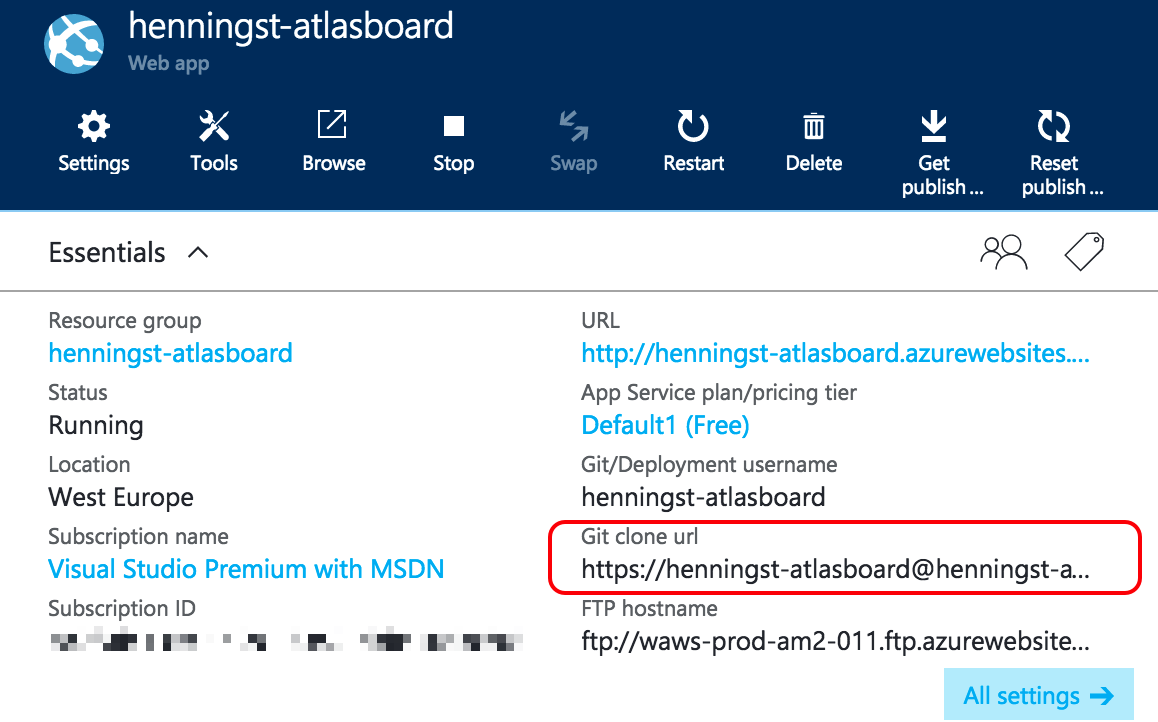 Screenshot of Azure settings with Git URL