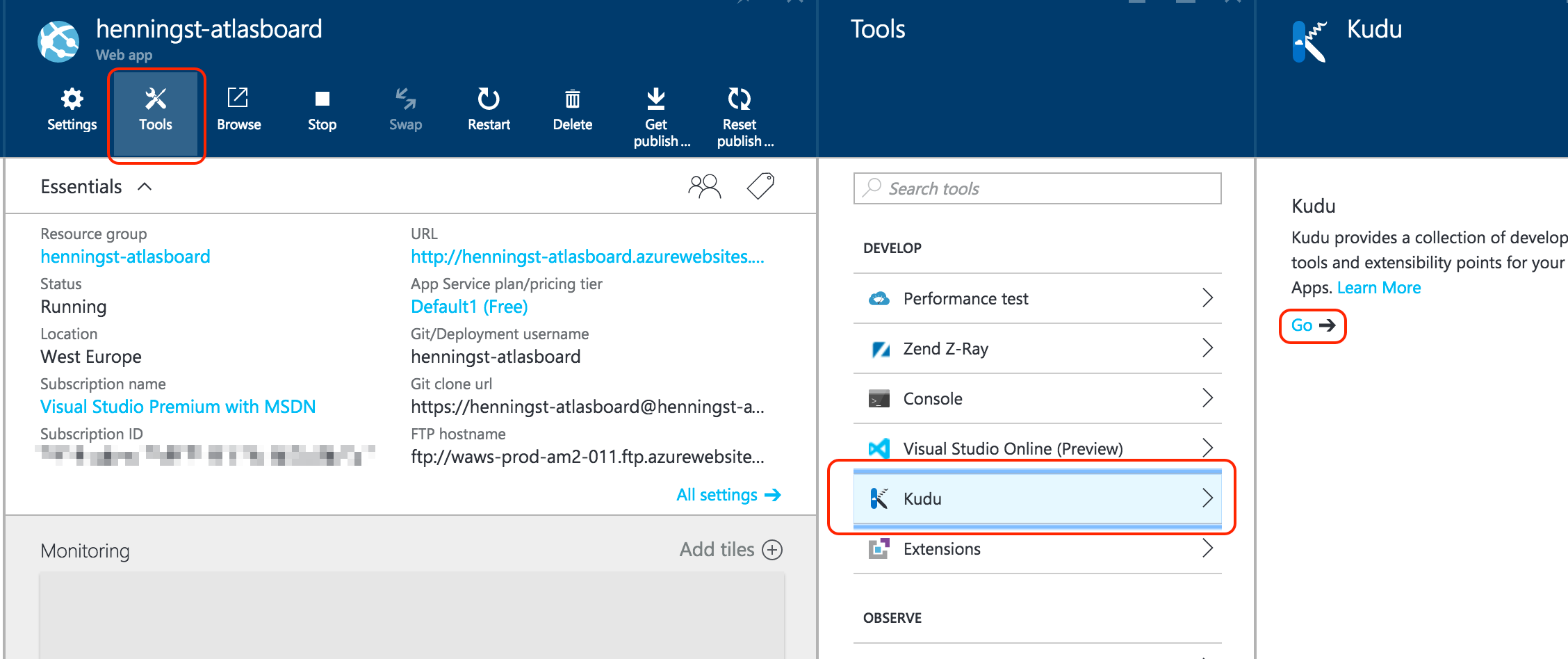 Screenshot of Azure settings with Git URL